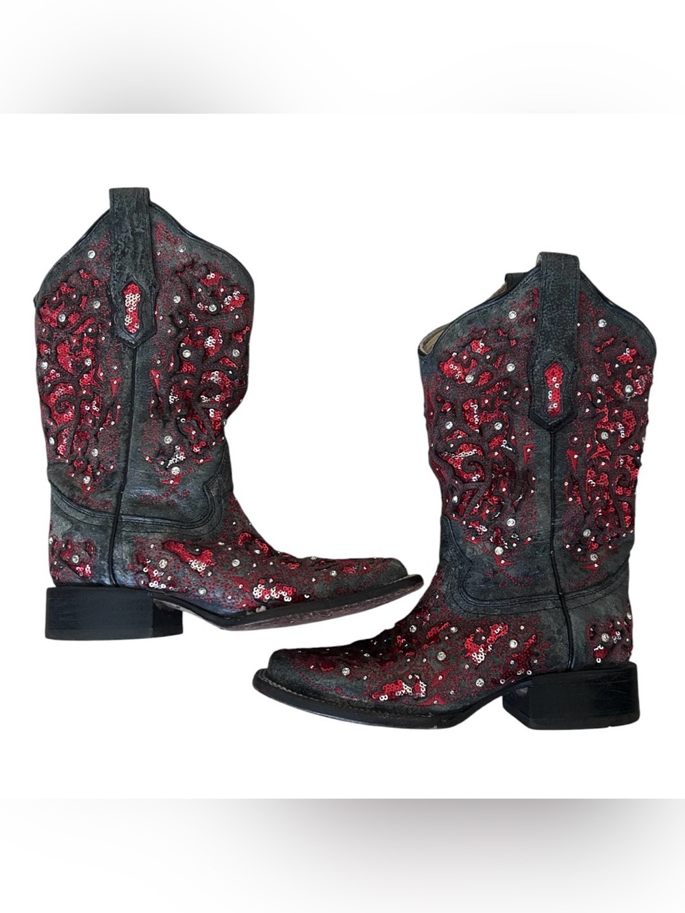 Corral Crystal Black and Red Sequin Inlay Western Boots-Square toe Size 6